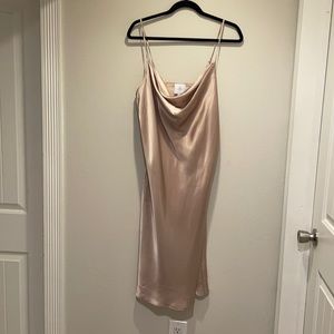 Light Gold Midi Satin Slip Dress w/Spaghetti Straps.